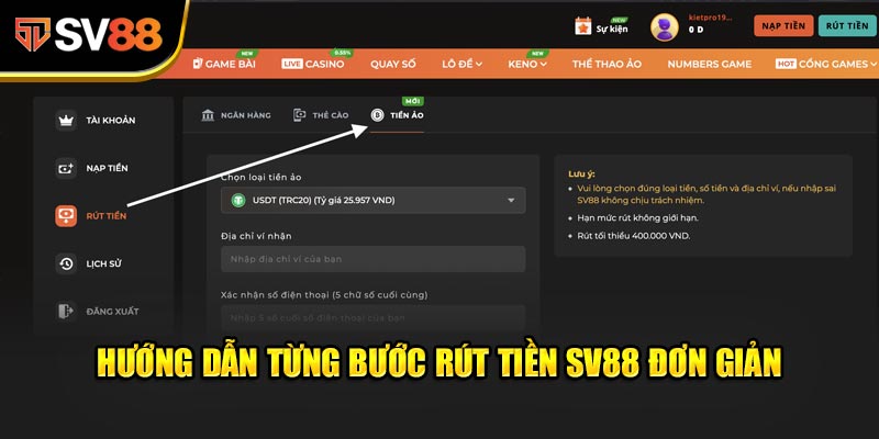 Hướng dẫn từng bước Rút Tiền SV88 đơn giản